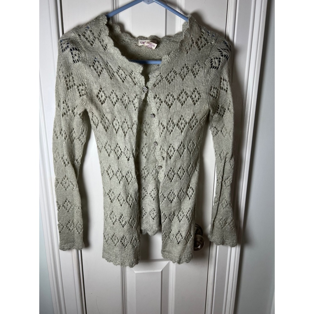 Twiggy Sage Green Mohair Wool Blend Pointelle Knit Scalloped Cardigan Small